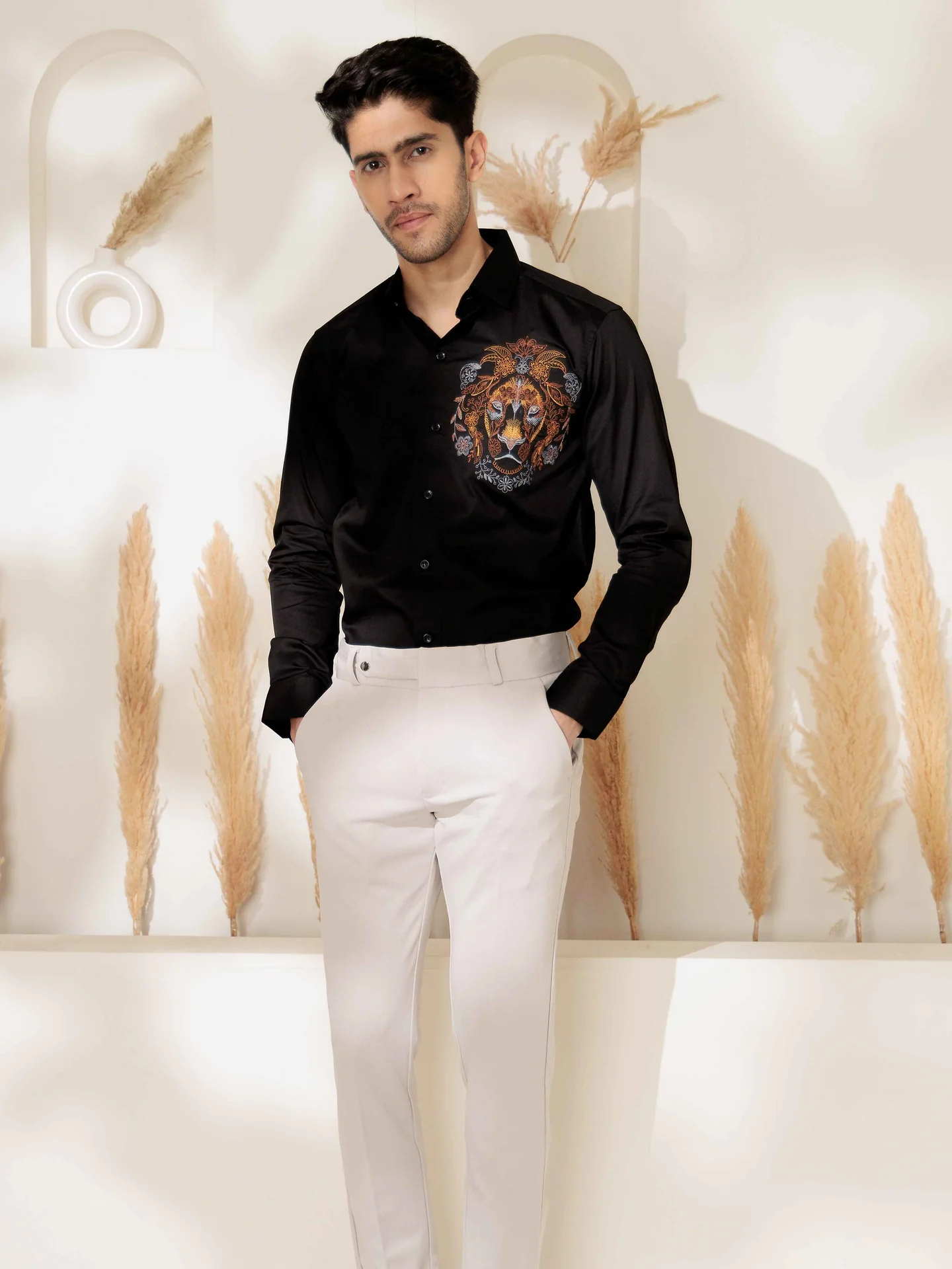 Foomer black lion embroidered club wear satin cotton shirt - Image 3