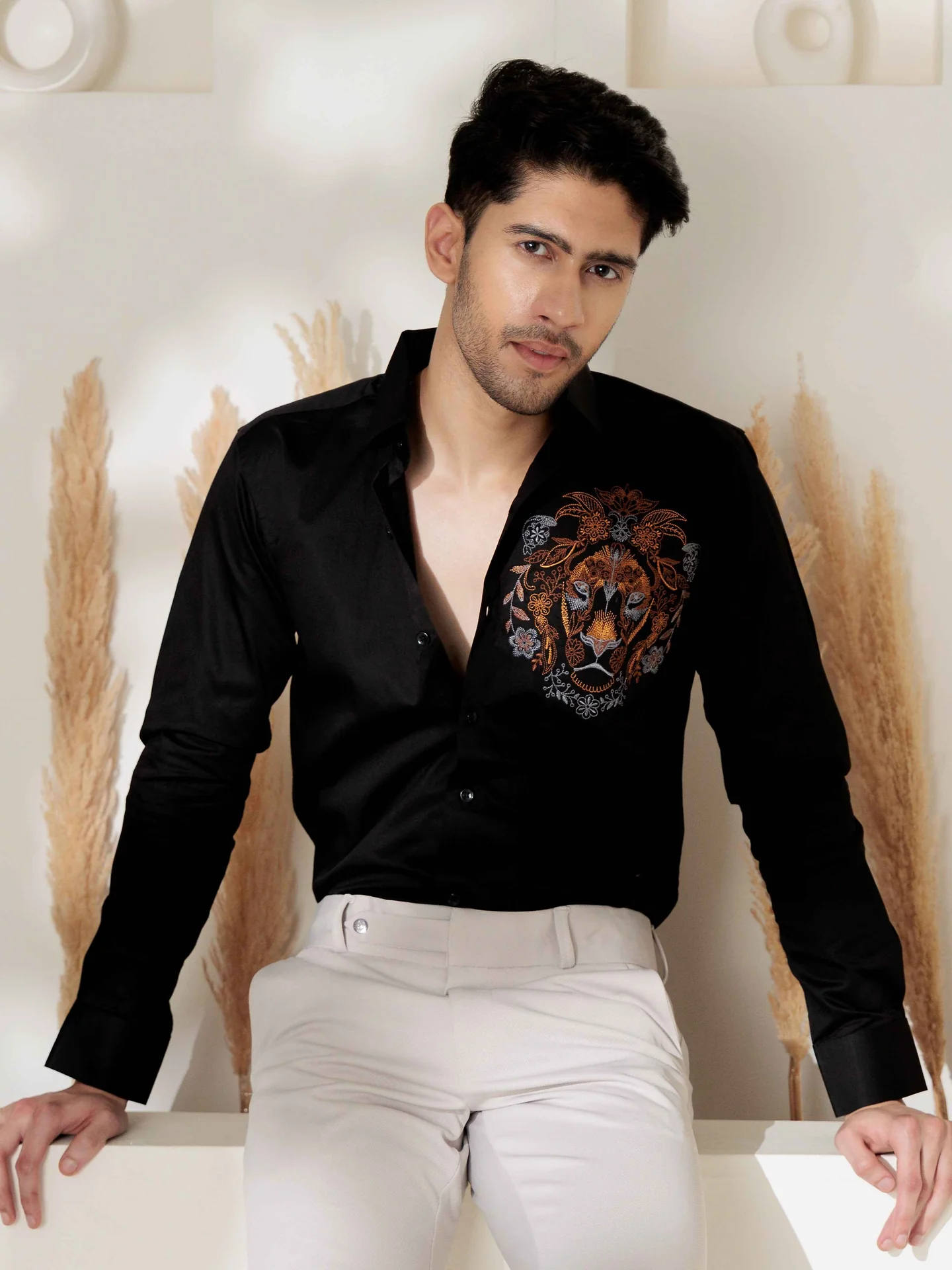 Foomer black lion embroidered club wear satin cotton shirt