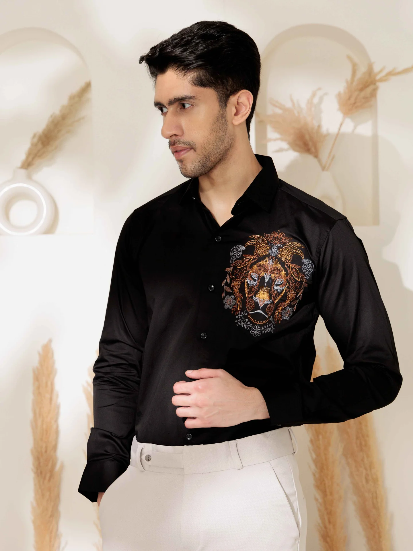 Foomer black lion embroidered club wear satin cotton shirt - Image 2