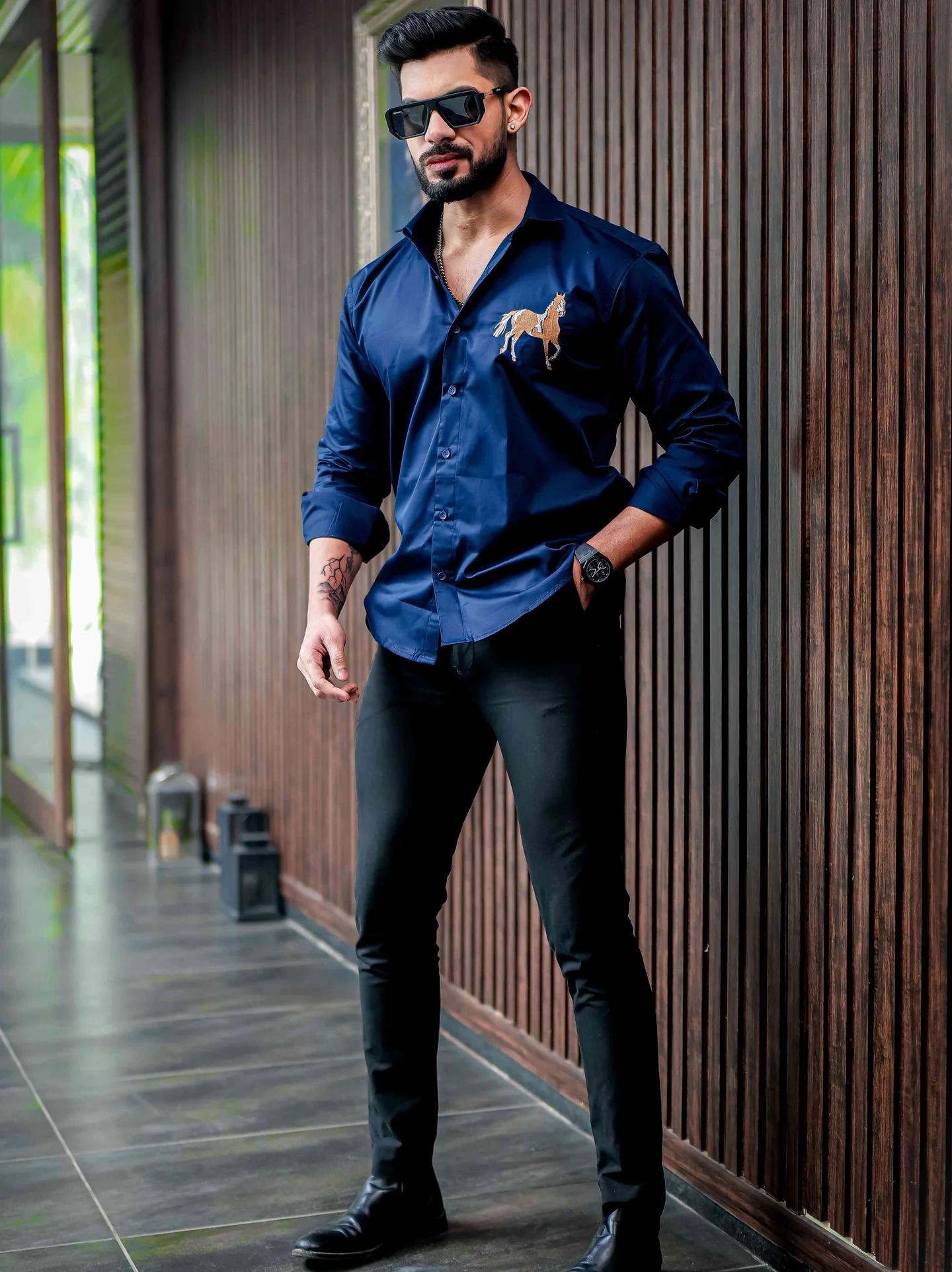 Horse golden embroidered blue premium shirt for men - Image 2