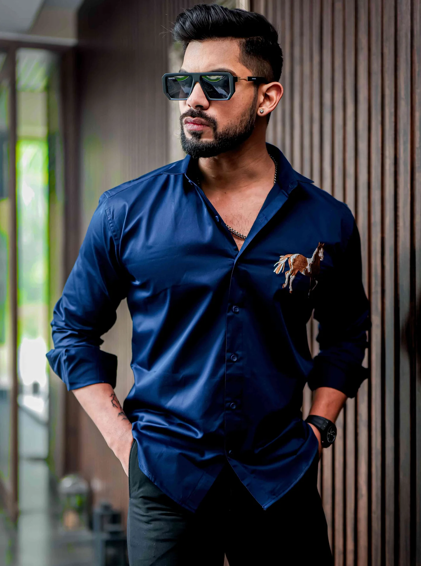 Horse golden embroidered blue premium shirt for men - Image 4
