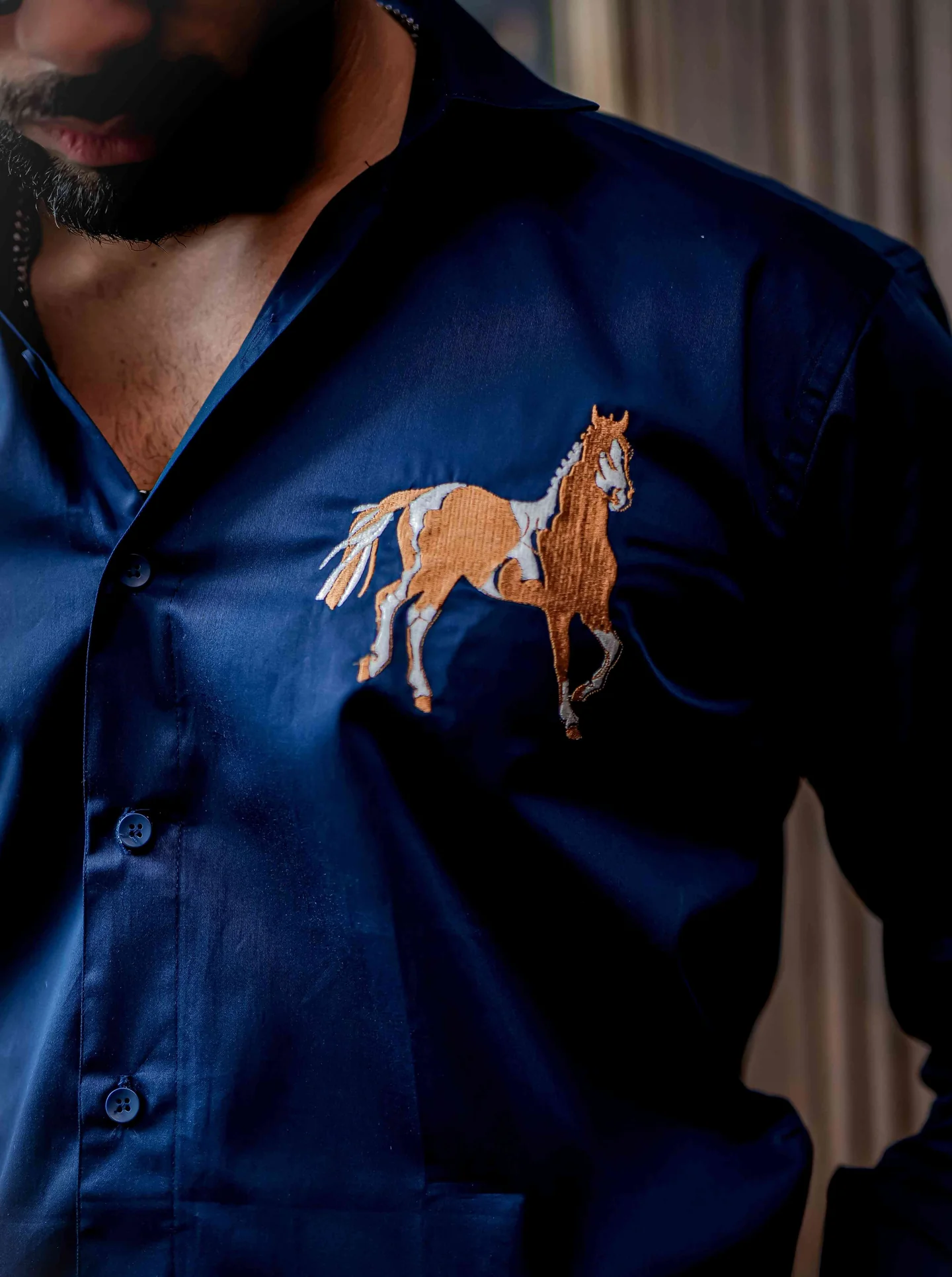 Horse golden embroidered blue premium shirt for men - Image 3