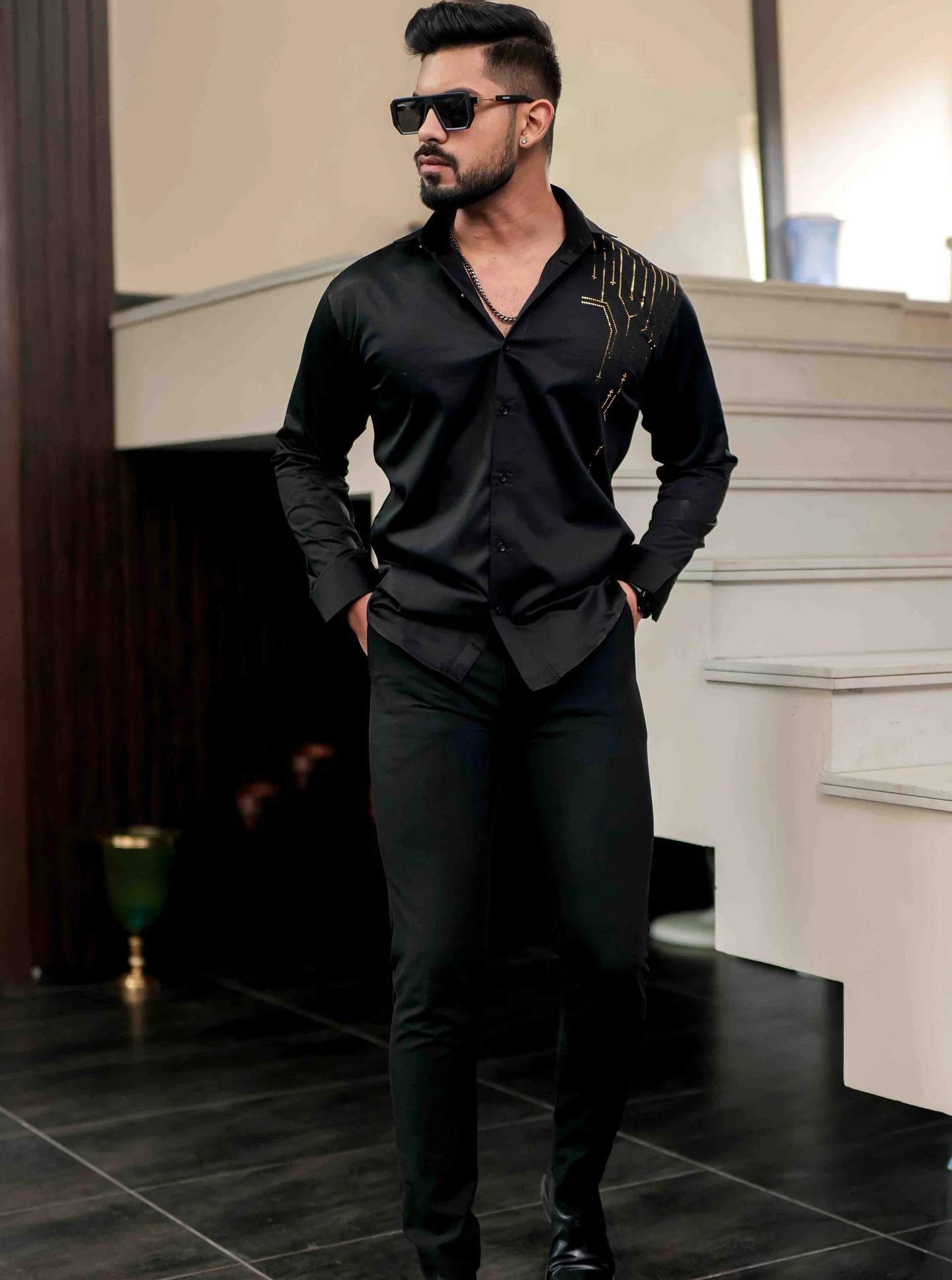 Black club wear satin cotton party shirt - Image 3
