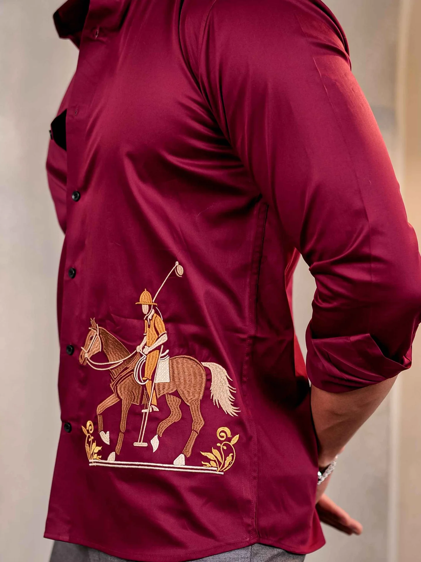 Maroon Rider embroidered luxury satin cotton men's shirt - Image 2